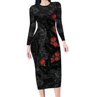 Hawaiian Taro Leaves and Ohia Lehua Family Matching Long Sleeve Bodycon Dress and Hawaiian Shirt Polynesian Tribal Art Tropical Plants Motifs Grayscale LT03 Mom's Dress Multicolor - Polynesian Pride