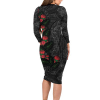 Hawaiian Taro Leaves and Ohia Lehua Family Matching Long Sleeve Bodycon Dress and Hawaiian Shirt Polynesian Tribal Art Tropical Plants Motifs Grayscale LT03 - Polynesian Pride
