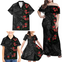 Hawaiian Taro Leaves and Ohia Lehua Family Matching Off Shoulder Maxi Dress and Hawaiian Shirt Polynesian Tribal Art Tropical Plants Motifs Grayscale