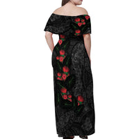 Hawaiian Taro Leaves and Ohia Lehua Family Matching Off Shoulder Maxi Dress and Hawaiian Shirt Polynesian Tribal Art Tropical Plants Motifs Grayscale