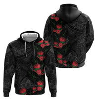 Hawaiian Taro Leaves and Ohia Lehua Hoodie Polynesian Tribal Art Tropical Plants Motifs Grayscale