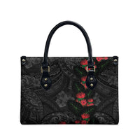 Hawaiian Taro Leaves and Ohia Lehua Leather Bag Polynesian Tribal Art Tropical Plants Motifs Grayscale