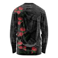Hawaiian Taro Leaves and Ohia Lehua Long Sleeve Shirt Polynesian Tribal Art Tropical Plants Motifs Grayscale