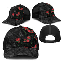 Hawaiian Taro Leaves and Ohia Lehua Mesh Trucker Cap Polynesian Tribal Art Tropical Plants Motifs Grayscale