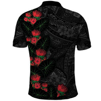 Hawaiian Taro Leaves and Ohia Lehua Polo Shirt Polynesian Tribal Art Tropical Plants Motifs Grayscale
