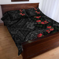 Hawaiian Taro Leaves and Ohia Lehua Quilt Bed Set Polynesian Tribal Art Tropical Plants Motifs Grayscale