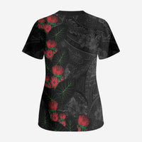 Hawaiian Taro Leaves and Ohia Lehua Scrub Top Polynesian Tribal Art Tropical Plants Motifs Grayscale