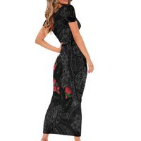 Hawaiian Taro Leaves and Ohia Lehua Short Sleeve Bodycon Dress Polynesian Tribal Art Tropical Plants Motifs Grayscale