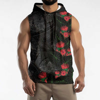 Hawaiian Taro Leaves and Ohia Lehua Sleeveless Hoodie Polynesian Tribal Art Tropical Plants Motifs Grayscale