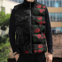 Hawaiian Taro Leaves and Ohia Lehua Sleeveless Puffer Jacket Polynesian Tribal Art Tropical Plants Motifs Grayscale