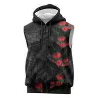 Hawaiian Taro Leaves and Ohia Lehua Sleeveless Zip Hoodie Polynesian Tribal Art Tropical Plants Motifs Grayscale