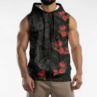 Hawaiian Taro Leaves and Ohia Lehua Sleeveless Zip Hoodie Polynesian Tribal Art Tropical Plants Motifs Grayscale