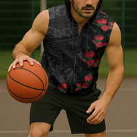 Hawaiian Taro Leaves and Ohia Lehua Sleeveless Zip Hoodie Polynesian Tribal Art Tropical Plants Motifs Grayscale