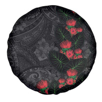 Hawaiian Taro Leaves and Ohia Lehua Spare Tire Cover Polynesian Tribal Art Tropical Plants Motifs Grayscale