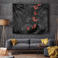 Hawaiian Taro Leaves and Ohia Lehua Tapestry Polynesian Tribal Art Tropical Plants Motifs Grayscale