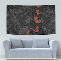 Hawaiian Taro Leaves and Ohia Lehua Tapestry Polynesian Tribal Art Tropical Plants Motifs Grayscale
