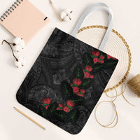 Hawaiian Taro Leaves and Ohia Lehua Tote Bag Polynesian Tribal Art Tropical Plants Motifs Grayscale