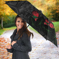 Hawaiian Taro Leaves and Ohia Lehua Umbrella Polynesian Tribal Art Tropical Plants Motifs Grayscale