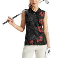 Hawaiian Taro Leaves and Ohia Lehua Women Sleeveless Polo Shirt Polynesian Tribal Art Tropical Plants Motifs Grayscale