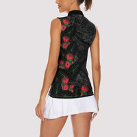 Hawaiian Taro Leaves and Ohia Lehua Women Sleeveless Polo Shirt Polynesian Tribal Art Tropical Plants Motifs Grayscale