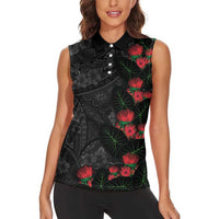 Hawaiian Taro Leaves and Ohia Lehua Women Sleeveless Polo Shirt Polynesian Tribal Art Tropical Plants Motifs Grayscale