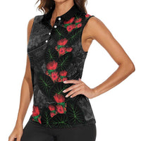 Hawaiian Taro Leaves and Ohia Lehua Women Sleeveless Polo Shirt Polynesian Tribal Art Tropical Plants Motifs Grayscale