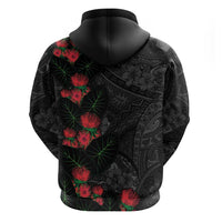 Hawaiian Taro Leaves and Ohia Lehua Zip Hoodie Polynesian Tribal Art Tropical Plants Motifs Grayscale