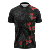 Hawaiian Taro Leaves and Ohia Lehua Zipper Polo Shirt Polynesian Tribal Art Tropical Plants Motifs Grayscale