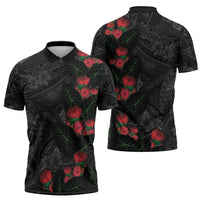 Hawaiian Taro Leaves and Ohia Lehua Zipper Polo Shirt Polynesian Tribal Art Tropical Plants Motifs Grayscale