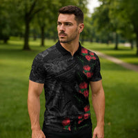 Hawaiian Taro Leaves and Ohia Lehua Zipper Polo Shirt Polynesian Tribal Art Tropical Plants Motifs Grayscale