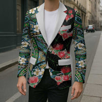 Hawaiian Taro Leaves and Ohia Lehua Blazer Polynesian Tribal Art Tropical Plants Motifs Colorful