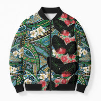 Hawaiian Taro Leaves and Ohia Lehua Bomber Puffer Jacket Polynesian Tribal Art Tropical Plants Motifs Colorful