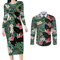Hawaiian Taro Leaves and Ohia Lehua Couples Matching Long Sleeve Bodycon Dress and Long Sleeve Button Shirt Polynesian Tribal Art Tropical Plants Motifs Colorful