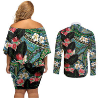 Hawaiian Taro Leaves and Ohia Lehua Couples Matching Off Shoulder Short Dress and Long Sleeve Button Shirt Polynesian Tribal Art Tropical Plants Motifs Colorful