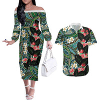 Hawaiian Taro Leaves and Ohia Lehua Couples Matching Off The Shoulder Long Sleeve Dress and Hawaiian Shirt Polynesian Tribal Art Tropical Plants Motifs Colorful