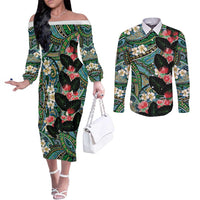 Hawaiian Taro Leaves and Ohia Lehua Couples Matching Off The Shoulder Long Sleeve Dress and Long Sleeve Button Shirt Polynesian Tribal Art Tropical Plants Motifs Colorful