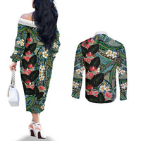 Hawaiian Taro Leaves and Ohia Lehua Couples Matching Off The Shoulder Long Sleeve Dress and Long Sleeve Button Shirt Polynesian Tribal Art Tropical Plants Motifs Colorful
