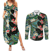 Hawaiian Taro Leaves and Ohia Lehua Couples Matching Summer Maxi Dress and Long Sleeve Button Shirt Polynesian Tribal Art Tropical Plants Motifs Colorful