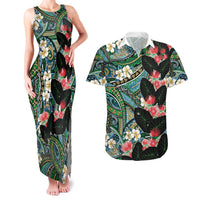 Hawaiian Taro Leaves and Ohia Lehua Couples Matching Tank Maxi Dress and Hawaiian Shirt Polynesian Tribal Art Tropical Plants Motifs Colorful