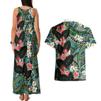 Hawaiian Taro Leaves and Ohia Lehua Couples Matching Tank Maxi Dress and Hawaiian Shirt Polynesian Tribal Art Tropical Plants Motifs Colorful