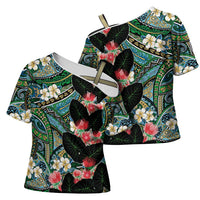Hawaiian Taro Leaves and Ohia Lehua Cross Shoulder Shirt Polynesian Tribal Art Tropical Plants Motifs Colorful