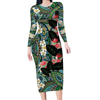 Hawaiian Taro Leaves and Ohia Lehua Family Matching Long Sleeve Bodycon Dress and Hawaiian Shirt Polynesian Tribal Art Tropical Plants Motifs Colorful