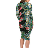 Hawaiian Taro Leaves and Ohia Lehua Family Matching Long Sleeve Bodycon Dress and Hawaiian Shirt Polynesian Tribal Art Tropical Plants Motifs Colorful
