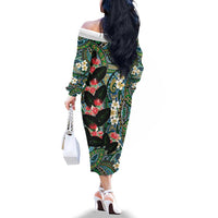 Hawaiian Taro Leaves and Ohia Lehua Family Matching Off The Shoulder Long Sleeve Dress and Hawaiian Shirt Polynesian Tribal Art Tropical Plants Motifs Colorful