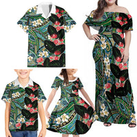 Hawaiian Taro Leaves and Ohia Lehua Family Matching Off Shoulder Maxi Dress and Hawaiian Shirt Polynesian Tribal Art Tropical Plants Motifs Colorful