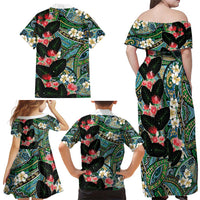 Hawaiian Taro Leaves and Ohia Lehua Family Matching Off Shoulder Maxi Dress and Hawaiian Shirt Polynesian Tribal Art Tropical Plants Motifs Colorful