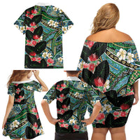 Hawaiian Taro Leaves and Ohia Lehua Family Matching Off Shoulder Short Dress and Hawaiian Shirt Polynesian Tribal Art Tropical Plants Motifs Colorful
