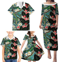 Hawaiian Taro Leaves and Ohia Lehua Family Matching Puletasi and Hawaiian Shirt Polynesian Tribal Art Tropical Plants Motifs Colorful