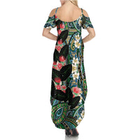Hawaiian Taro Leaves and Ohia Lehua Family Matching Summer Maxi Dress and Hawaiian Shirt Polynesian Tribal Art Tropical Plants Motifs Colorful