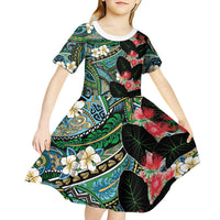 Hawaiian Taro Leaves and Ohia Lehua Kid Short Sleeve Dress Polynesian Tribal Art Tropical Plants Motifs Colorful